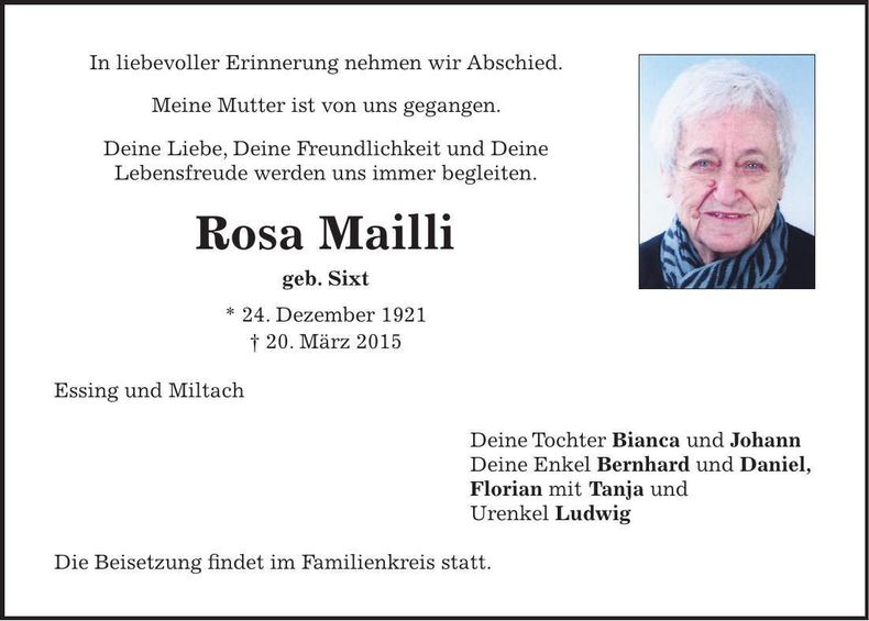 Traueranzeige Rosa Mailli