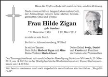 Traueranzeige Hilde Zigan
