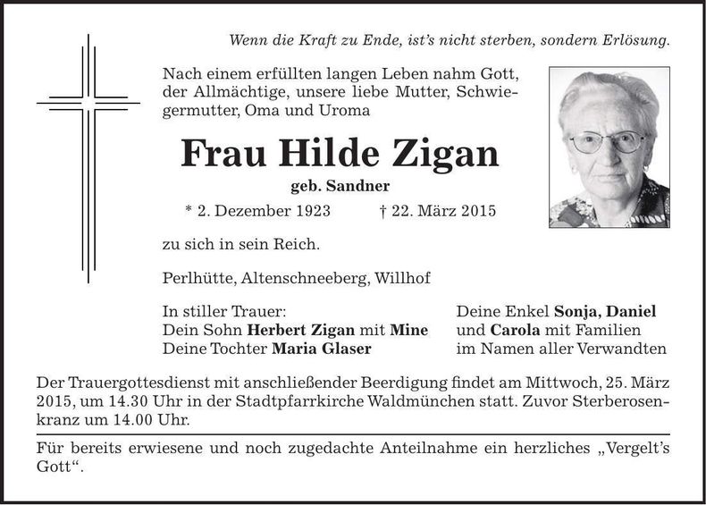 Traueranzeige Hilde Zigan