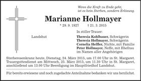 Traueranzeige Marianne Hollmayer