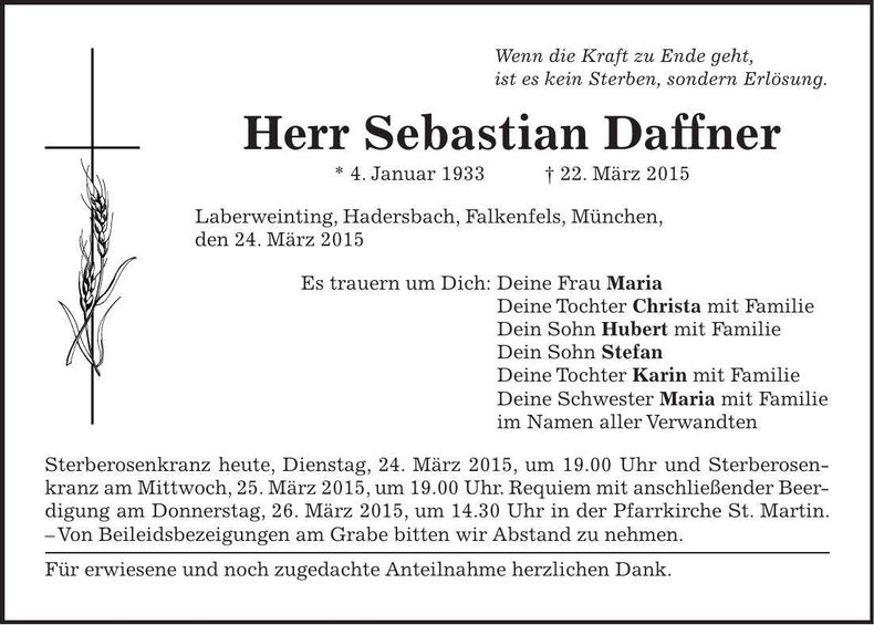Traueranzeige Sebastian Daffner