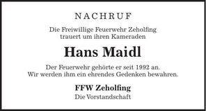 Traueranzeige Johann Maidl