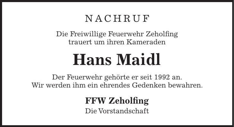 Traueranzeige Johann Maidl