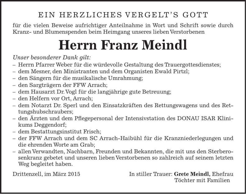 Traueranzeige Franz Meindl