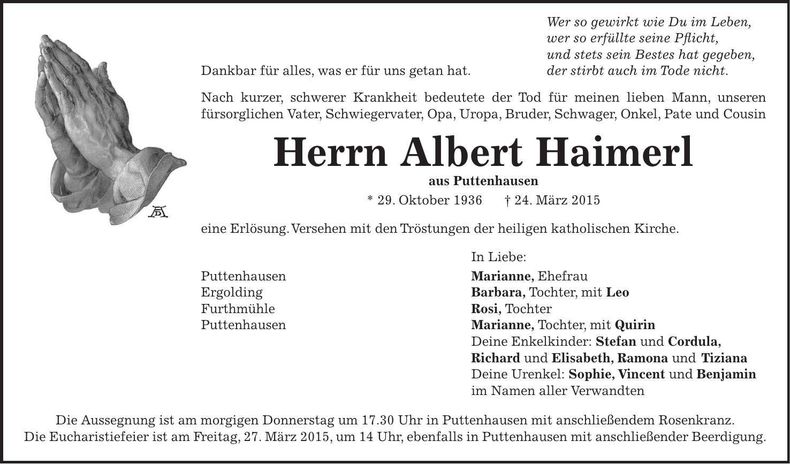 Traueranzeige Albert Haimerl