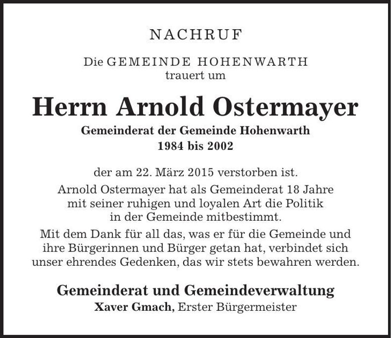 Traueranzeige Arnold Ostermayer