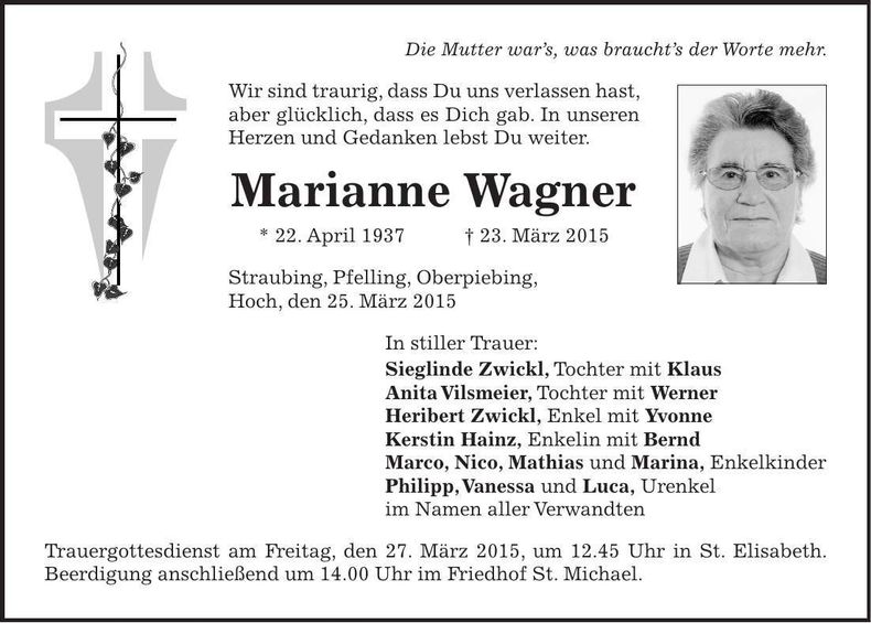Traueranzeige Marianne Wagner