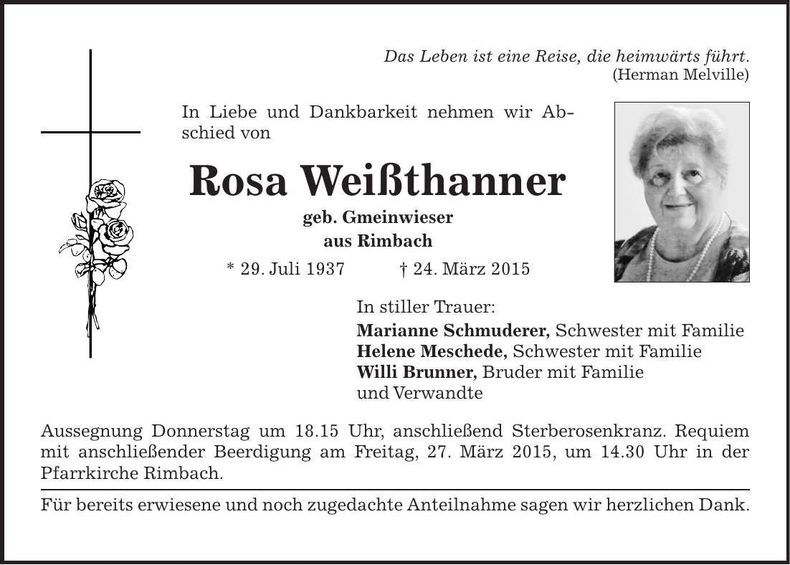 Traueranzeige Rosa Weißthanner