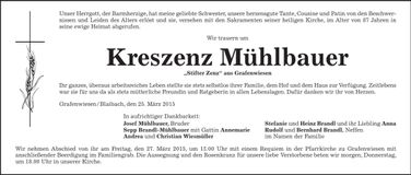 Traueranzeige Kreszenz Mühlbauer