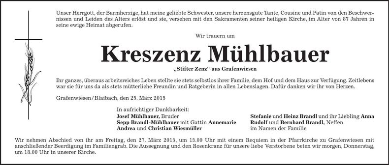 Traueranzeige Kreszenz Mühlbauer