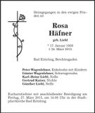 Traueranzeige Rosa Häfner
