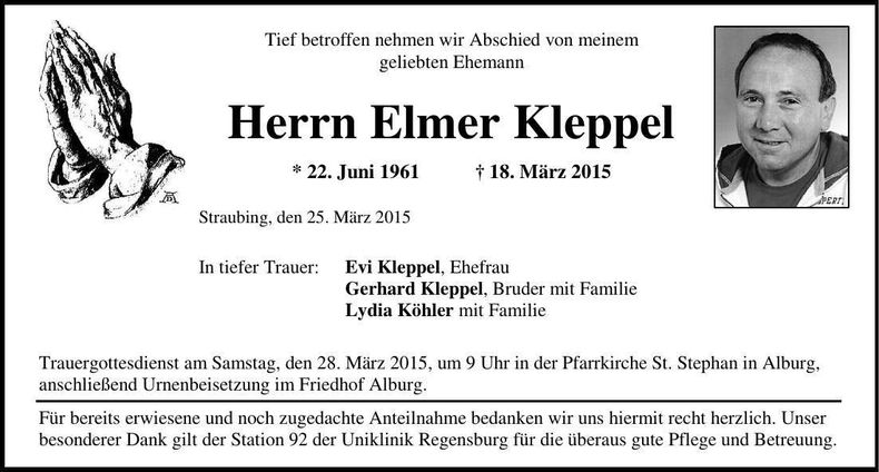 Traueranzeige Elmer Kleppel