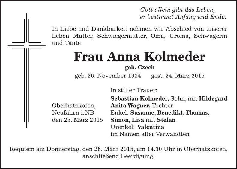 Traueranzeige Anna Kolmeder