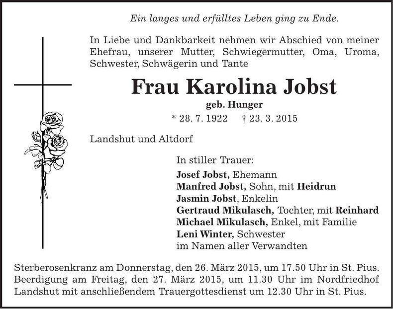Traueranzeige Karolina Jobst