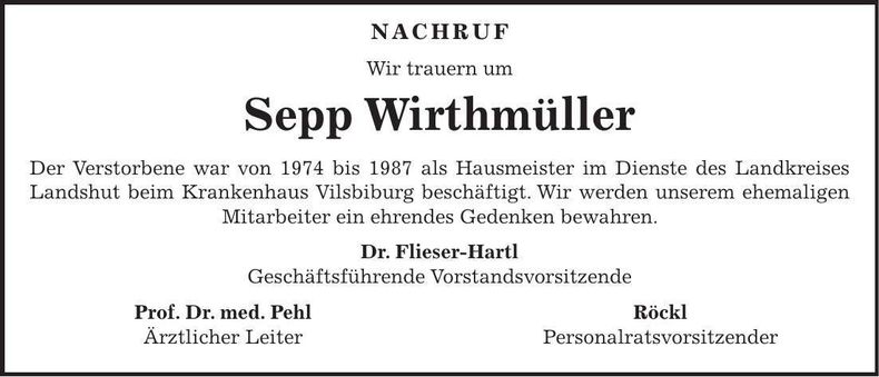 Traueranzeige Sepp Wirthmüller