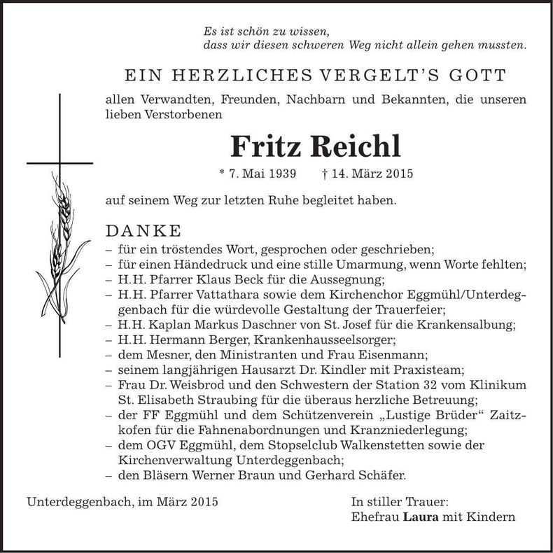 Traueranzeige Fritz Reichl