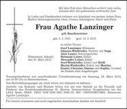 Traueranzeige Agathe Lanzinger