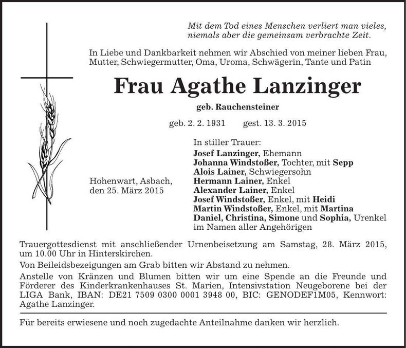 Traueranzeige Agathe Lanzinger