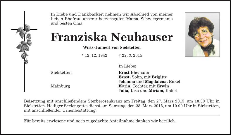 Traueranzeige Franziska Neuhauser