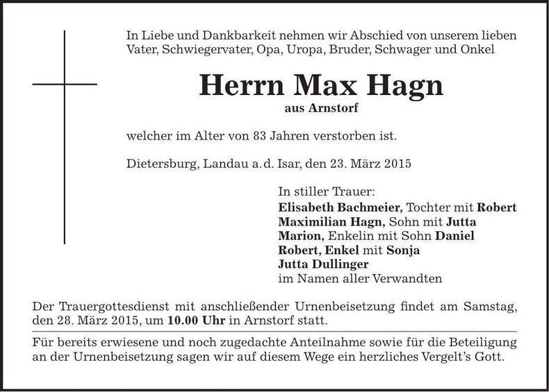 Traueranzeige Max Hagn