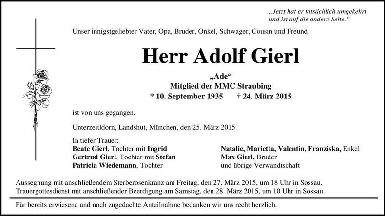 Traueranzeige Adolf Gierl