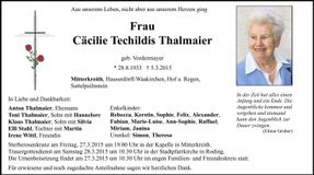 Traueranzeige Cäcilie Techildis Thalmaier