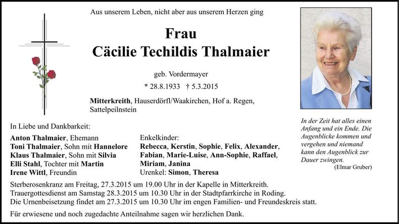 Traueranzeige Cäcilie Techildis Thalmaier