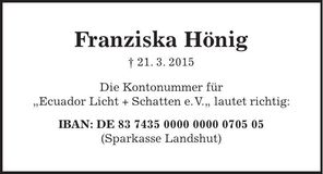 Traueranzeige Franziska Hönig