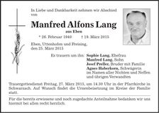 Traueranzeige Alfons Lang