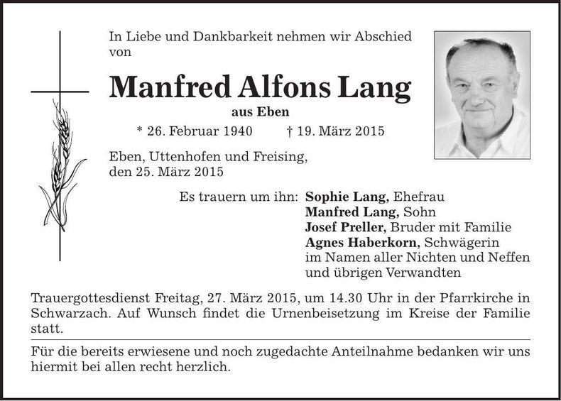 Traueranzeige Alfons Lang