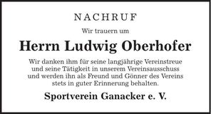Traueranzeige Ludwig Oberhofer