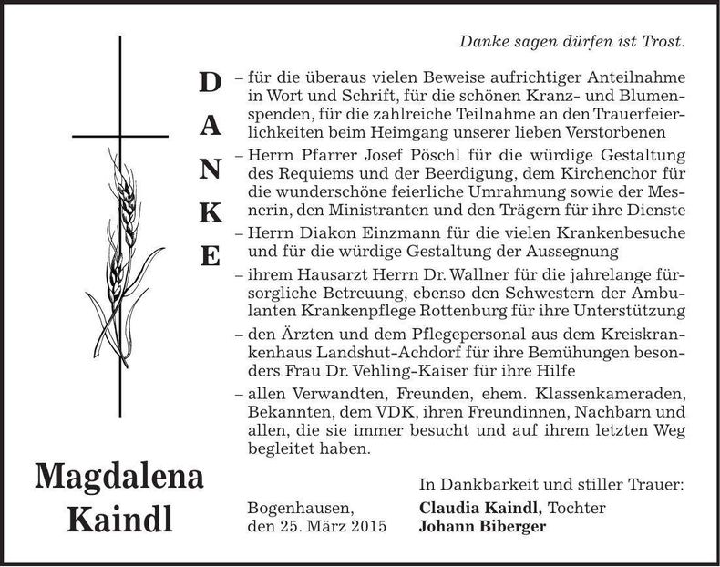 Traueranzeige Magdalena Kaindl
