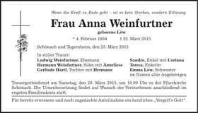 Traueranzeige Anna Weinfurtner