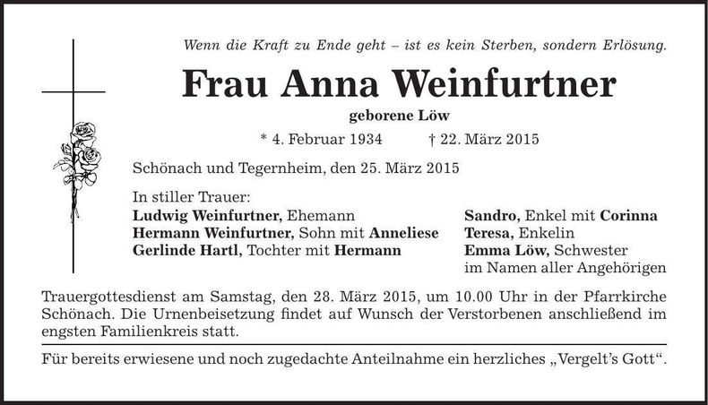 Traueranzeige Anna Weinfurtner