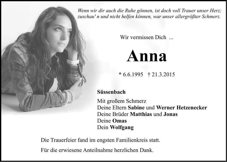 Traueranzeige Anna Hetzenecker