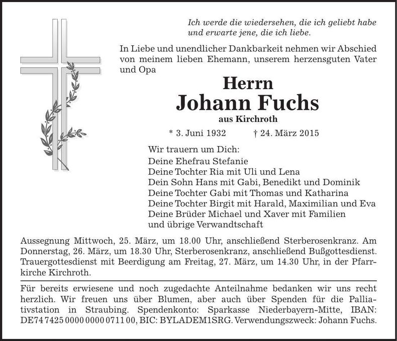 Traueranzeige Johann Fuchs