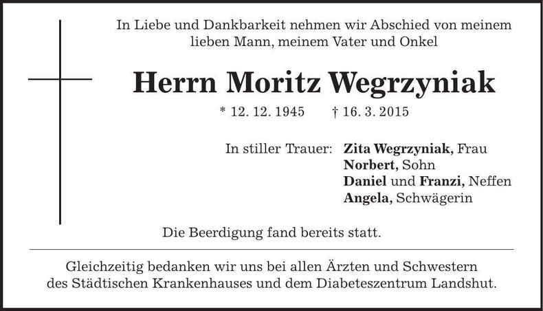 Traueranzeige Moritz Werzyniak