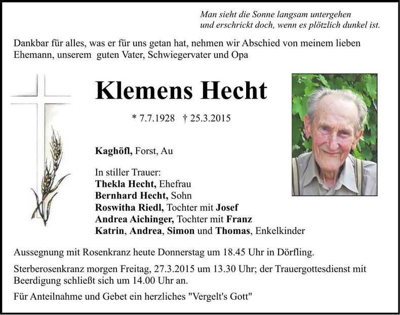 Traueranzeige Klemens Hecht