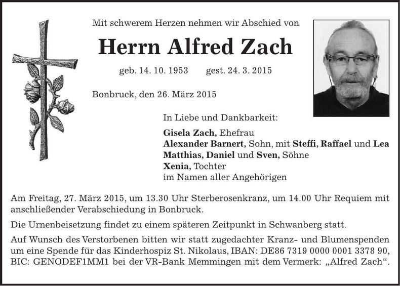 Traueranzeige Alfred Zach
