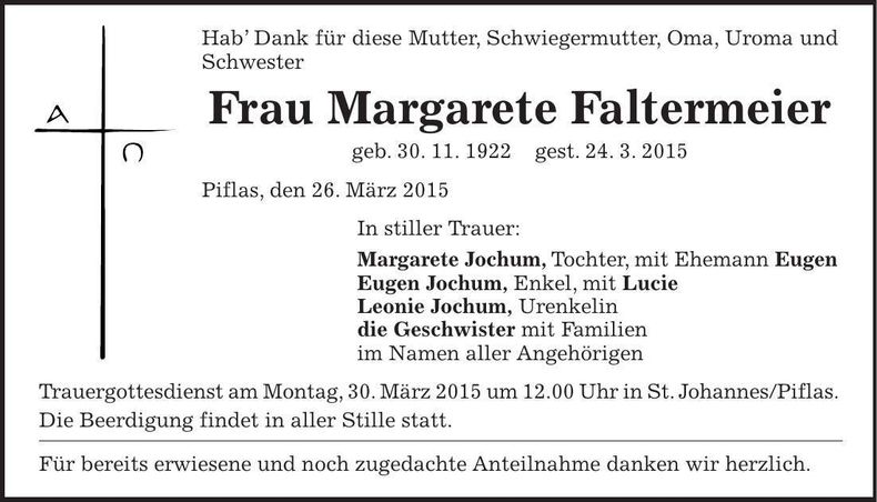 Traueranzeige Margarete Faltermeier