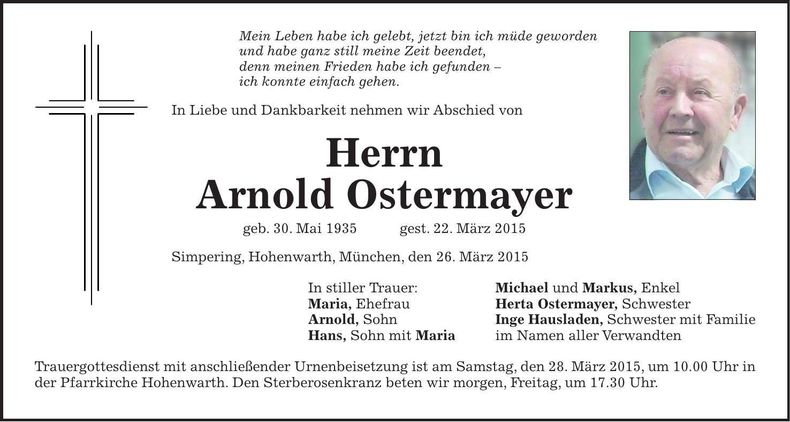 Traueranzeige Arnold Ostermayer
