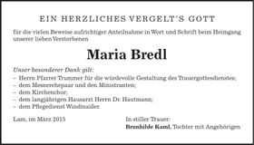 Traueranzeige Maria Bredl