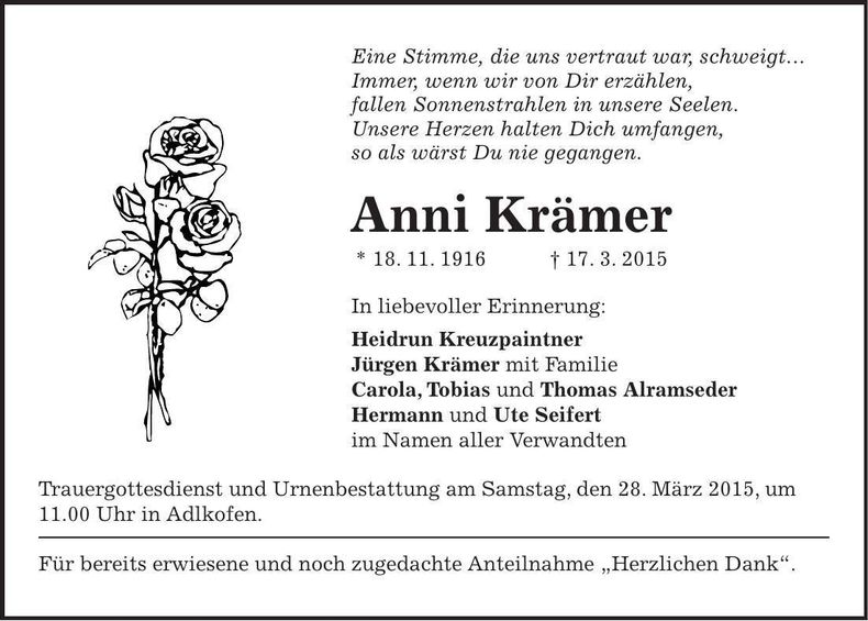 Traueranzeige Anni Krämer