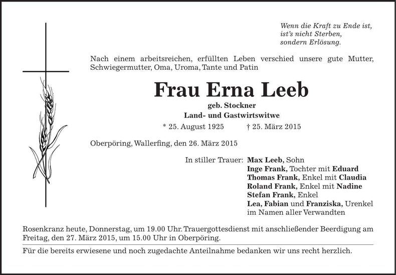 Traueranzeige Erna Leeb