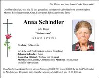 Traueranzeige Anna Schindler