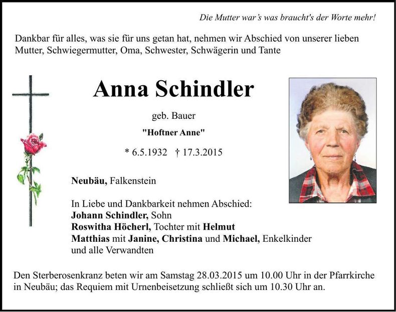 Traueranzeige Anna Schindler