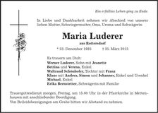 Traueranzeige Maria Luderer