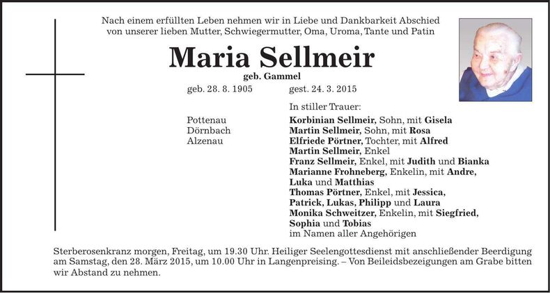 Traueranzeige Maria Sellmeir