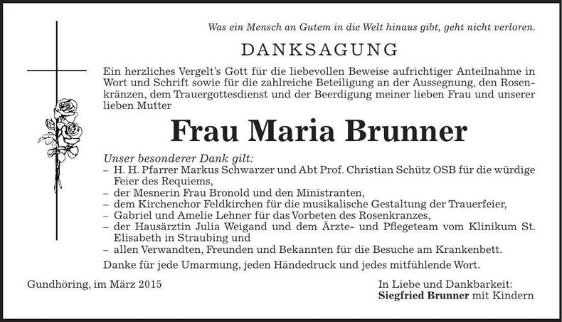 Traueranzeige Maria Brunner