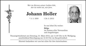 Traueranzeige Johann Holler